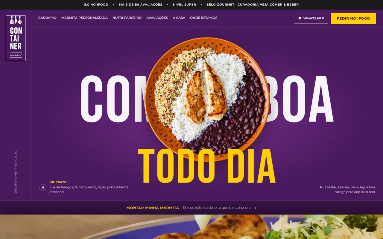 Início do site: faixa com nota 5,0 no iFood e selo Gourmet VEJA, prato de frango com arroz e feijão entre as palavras Comida boa todo dia.