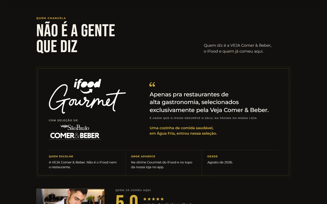 Seção Não é a gente que diz: selo iFood Gourmet com curadoria VEJA Comer & Beber e avaliações.
