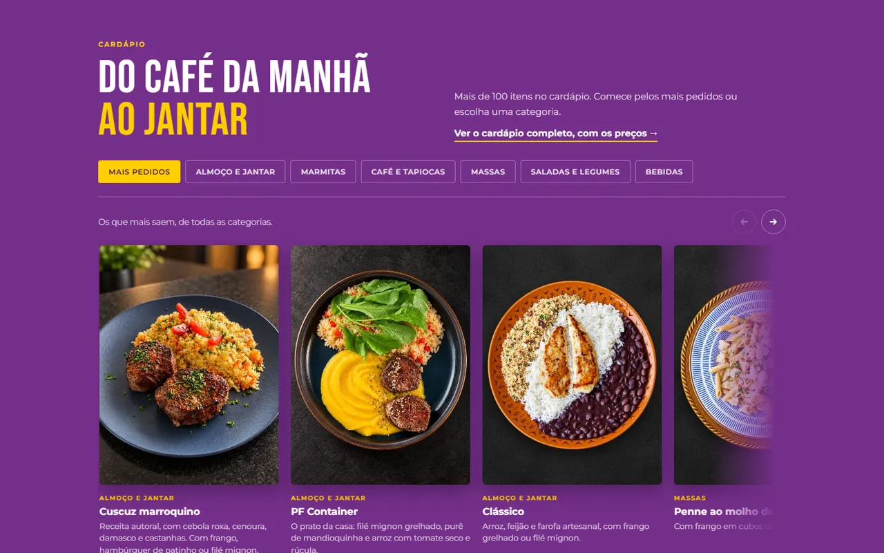 Cardápio em vitrine de fotos, do café da manhã ao jantar, com filtro por categoria.